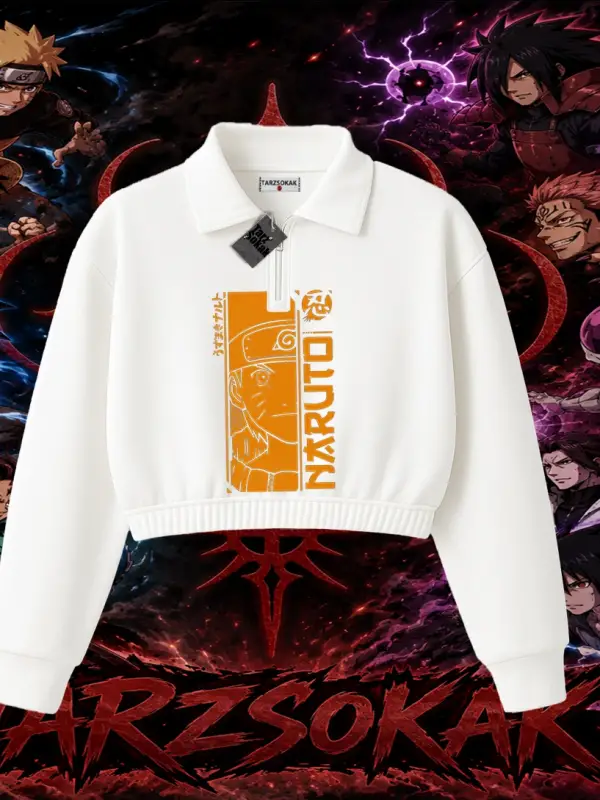 Naruto Uzumaki Premium Anime Kadın Crop Polo Yaka Yarım Fermuarlı Sweatshirt Beyaz