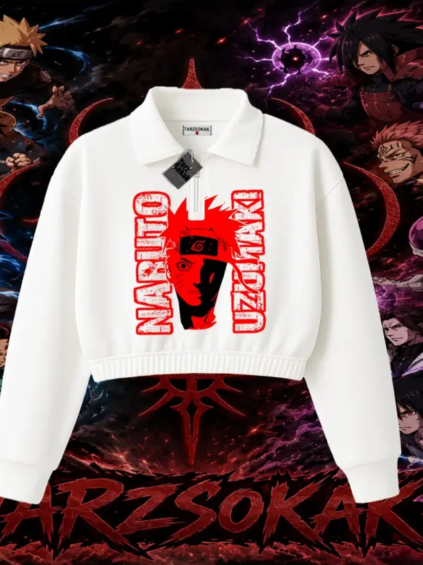 Naruto Uzumaki Premium Anime Kadın Crop Polo Yaka Yarım Fermuarlı Sweatshirt Beyaz