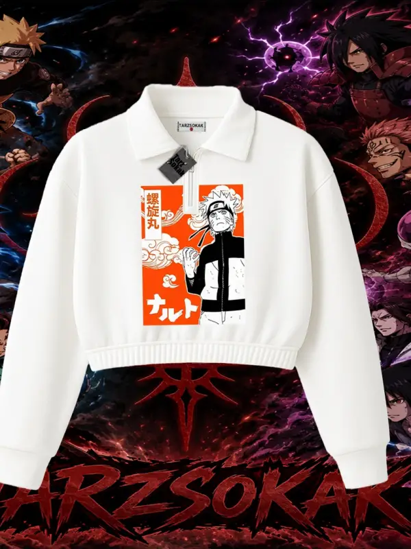 Naruto Uzumaki Premium Anime Kadın Crop Polo Yaka Yarım Fermuarlı Sweatshirt Beyaz