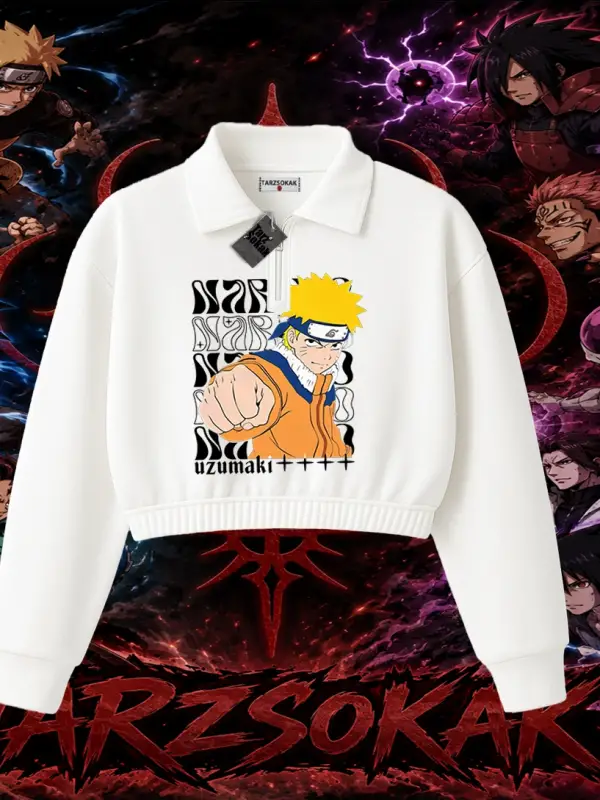 Naruto Uzumaki Premium Anime Kadın Crop Polo Yaka Yarım Fermuarlı Sweatshirt Beyaz