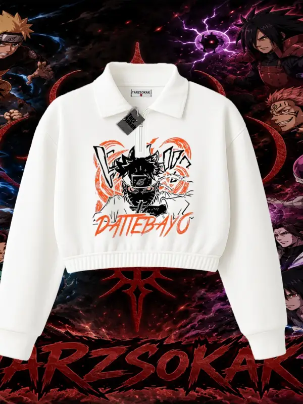 Naruto Uzumaki Premium Anime Kadın Crop Polo Yaka Yarım Fermuarlı Sweatshirt Beyaz