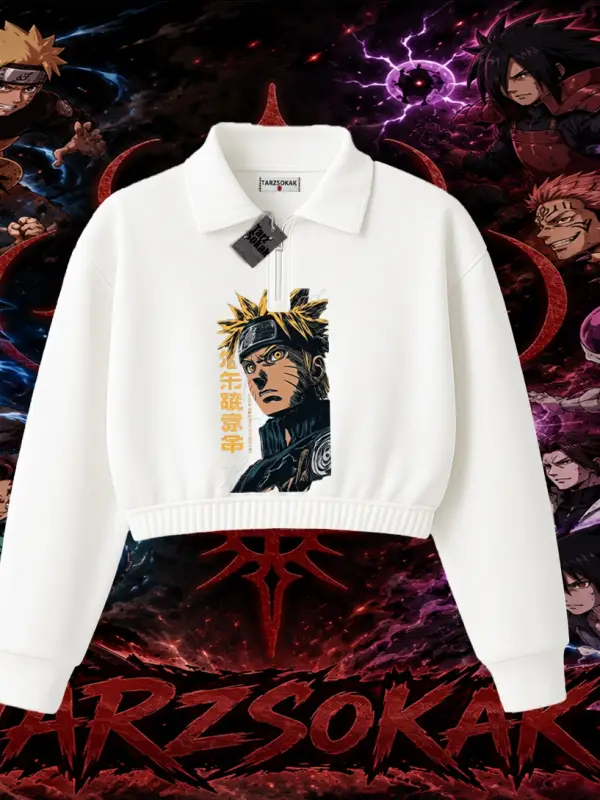 Naruto Uzumaki Premium Anime Kadın Crop Polo Yaka Yarım Fermuarlı Sweatshirt Beyaz