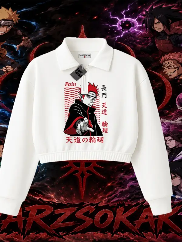 Naruto Uzumaki Premium Anime Kadın Crop Polo Yaka Yarım Fermuarlı Sweatshirt Beyaz