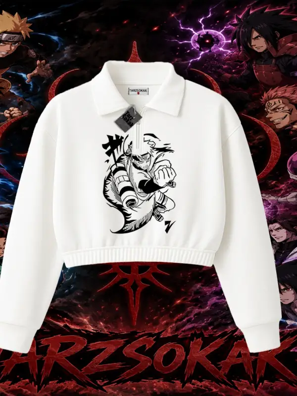 Naruto Uzumaki Premium Anime Kadın Crop Polo Yaka Yarım Fermuarlı Sweatshirt Beyaz