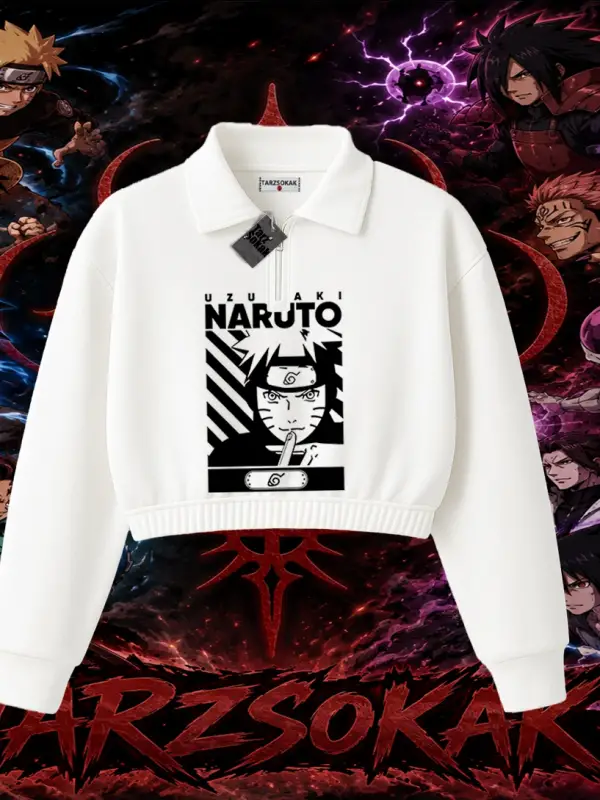 Naruto Uzumaki Premium Anime Kadın Crop Polo Yaka Yarım Fermuarlı Sweatshirt Beyaz