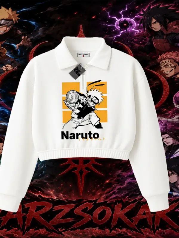 Naruto Uzumaki Premium Anime Kadın Crop Polo Yaka Yarım Fermuarlı Sweatshirt Beyaz