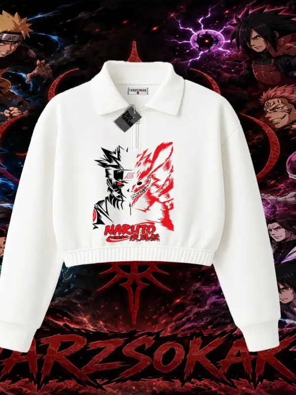 Naruto Uzumaki Premium Anime Kadın Crop Polo Yaka Yarım Fermuarlı Sweatshirt Beyaz