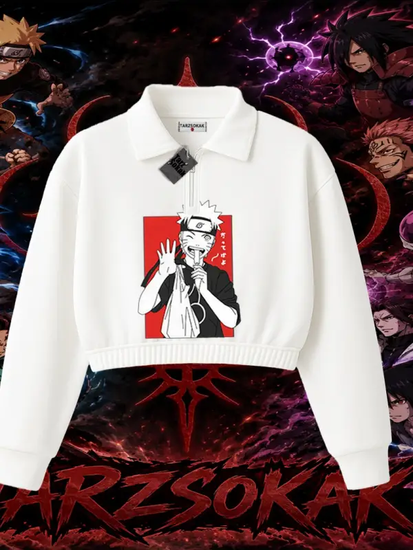 Naruto Uzumaki Premium Anime Kadın Crop Polo Yaka Yarım Fermuarlı Sweatshirt Beyaz