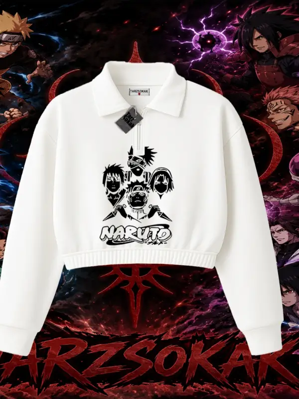 Naruto Uzumaki Premium Anime Kadın Crop Polo Yaka Yarım Fermuarlı Sweatshirt Beyaz
