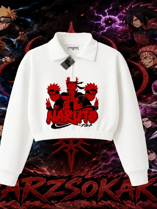 Naruto Uzumaki Premium Anime Kadın Crop Polo Yaka Yarım Fermuarlı Sweatshirt Beyaz