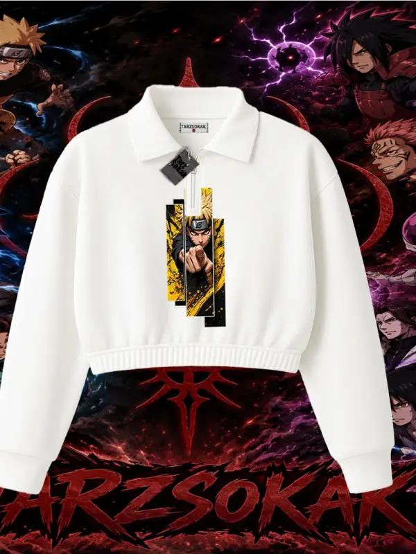 Naruto Uzumaki Premium Anime Kadın Crop Polo Yaka Yarım Fermuarlı Sweatshirt Beyaz