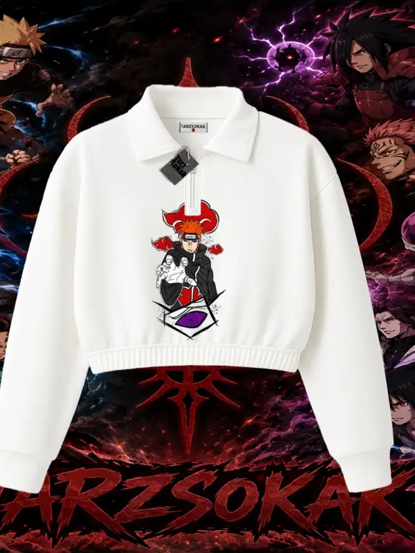 Naruto Uzumaki Premium Anime Kadın Crop Polo Yaka Yarım Fermuarlı Sweatshirt Beyaz