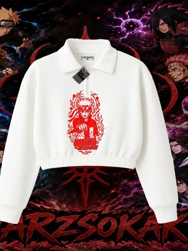 Naruto Uzumaki Premium Anime Kadın Crop Polo Yaka Yarım Fermuarlı Sweatshirt Beyaz