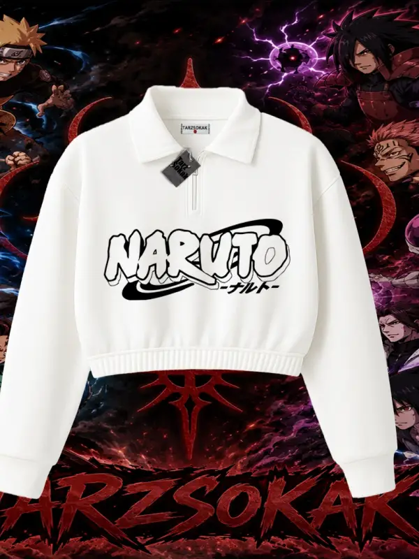 Naruto Uzumaki Premium Anime Kadın Crop Polo Yaka Yarım Fermuarlı Sweatshirt Beyaz