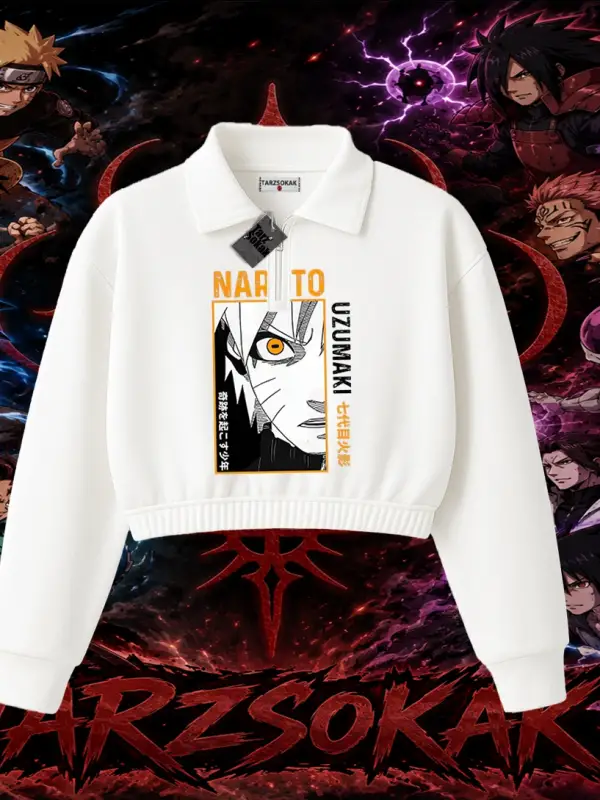 Naruto Uzumaki Premium Anime Kadın Crop Polo Yaka Yarım Fermuarlı Sweatshirt Beyaz