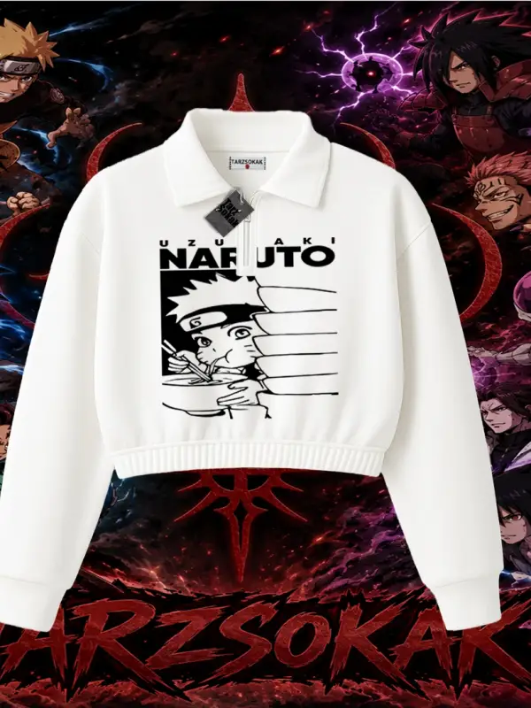 Naruto Uzumaki Premium Anime Kadın Crop Polo Yaka Yarım Fermuarlı Sweatshirt Beyaz