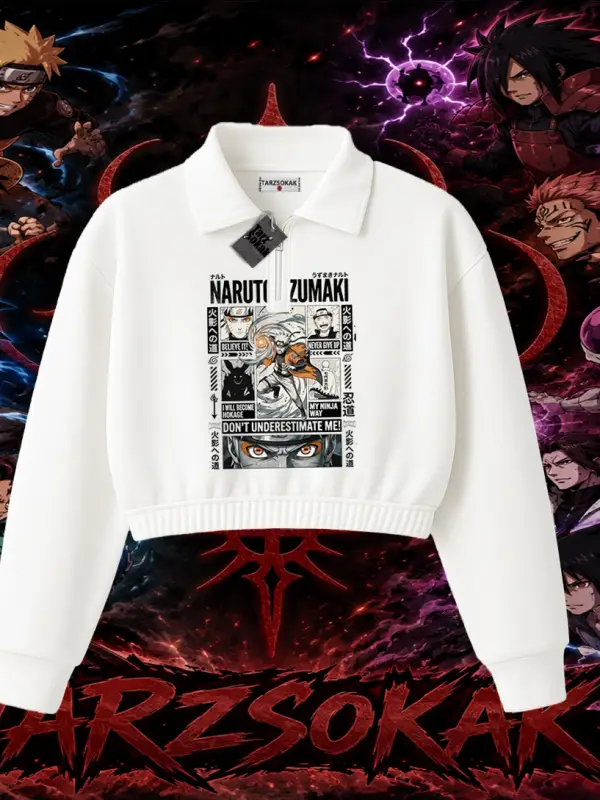 Naruto Uzumaki Premium Anime Kadın Crop Polo Yaka Yarım Fermuarlı Sweatshirt Beyaz