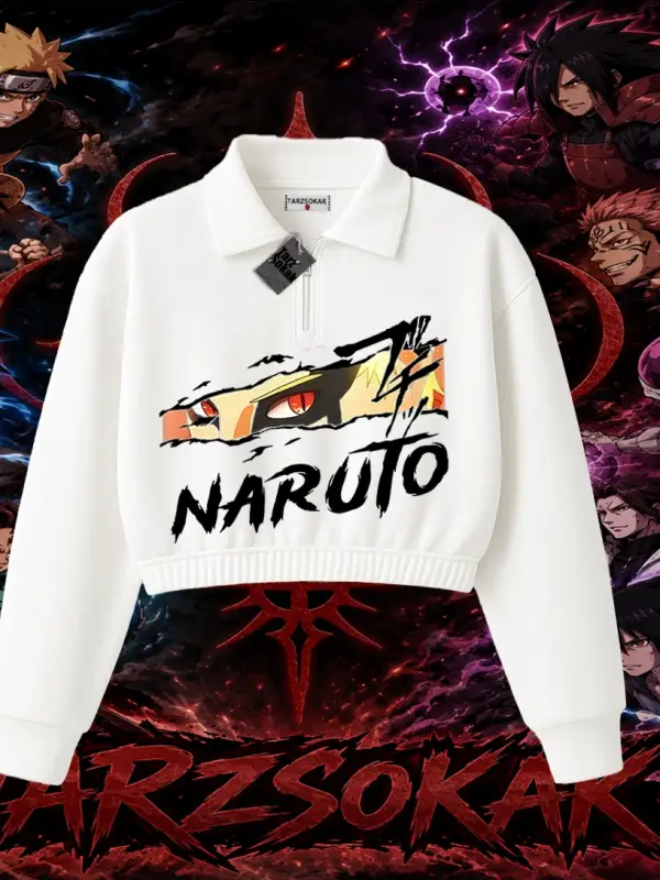 Naruto Uzumaki Premium Anime Kadın Crop Polo Yaka Yarım Fermuarlı Sweatshirt Beyaz