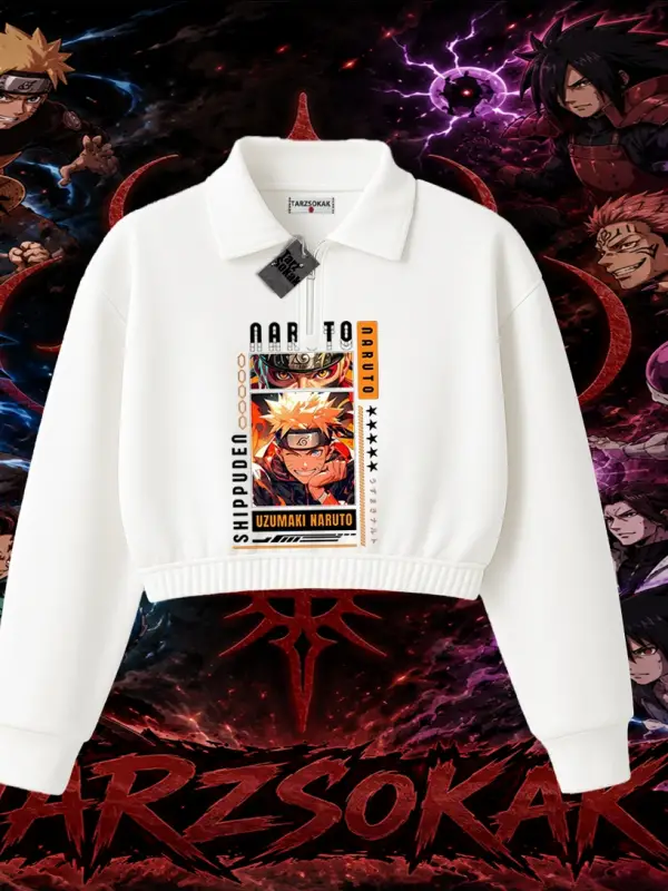 Naruto Uzumaki Premium Anime Kadın Crop Polo Yaka Yarım Fermuarlı Sweatshirt Beyaz
