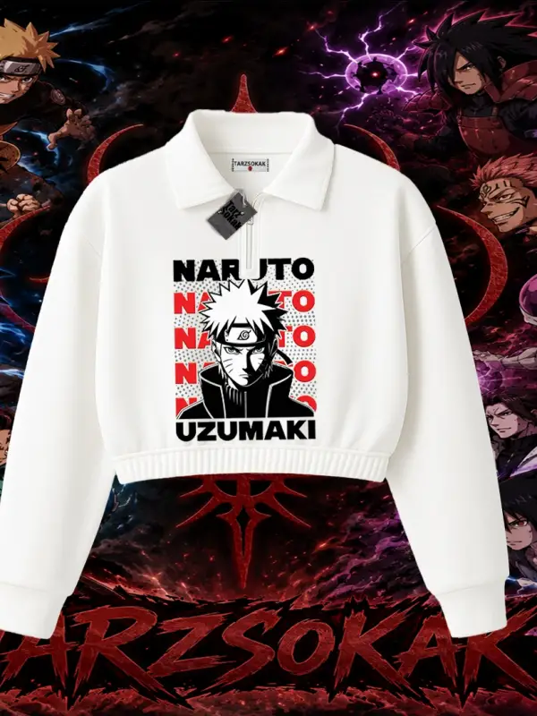 Naruto Uzumaki Premium Anime Kadın Crop Polo Yaka Yarım Fermuarlı Sweatshirt Beyaz