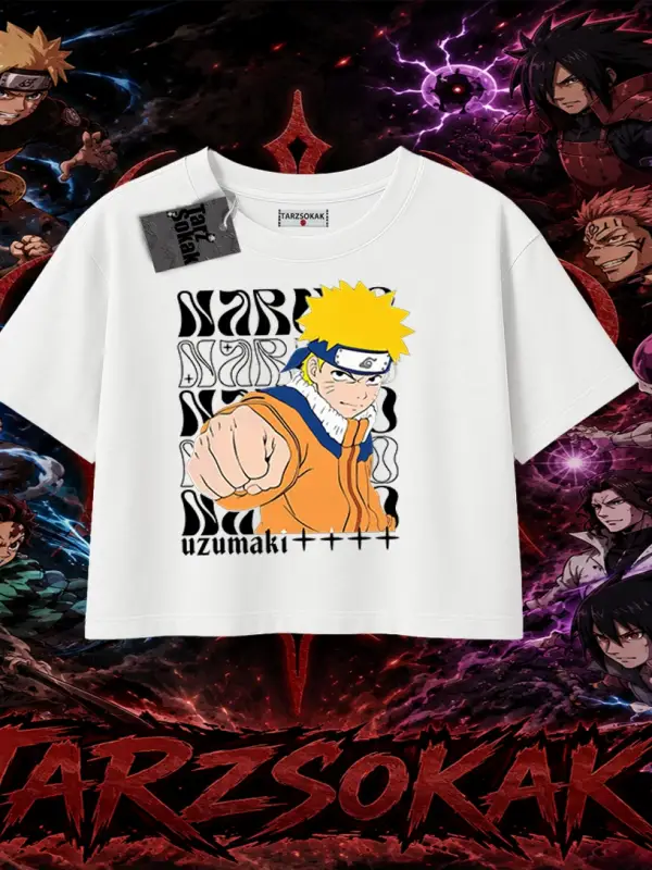 Naruto Uzumaki Premium Anime Kadın Crop Tişört Beyaz