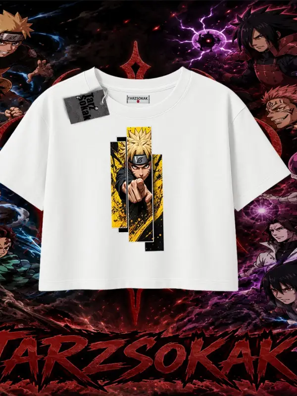 Naruto Uzumaki Premium Anime Kadın Crop Tişört Beyaz