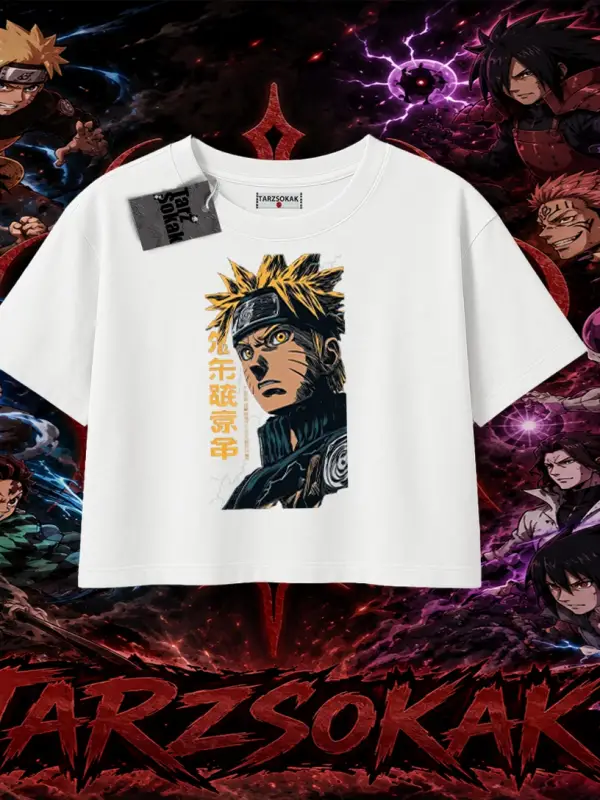 Naruto Uzumaki Premium Anime Kadın Crop Tişört Beyaz
