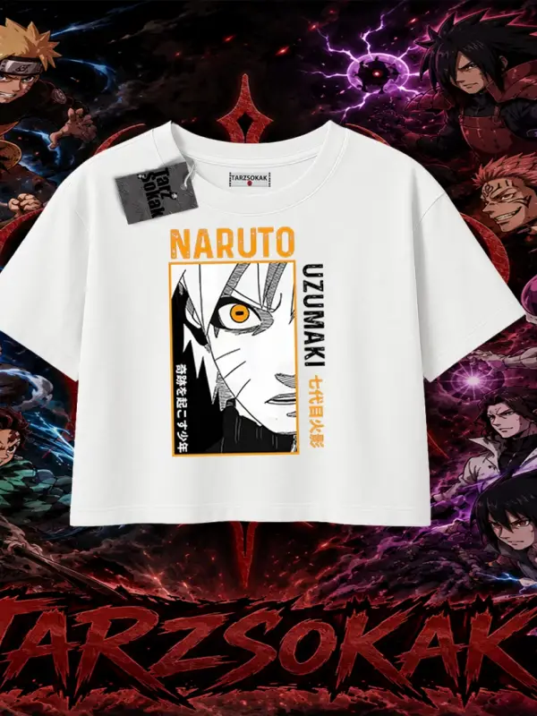 Naruto Uzumaki Premium Anime Kadın Crop Tişört Beyaz