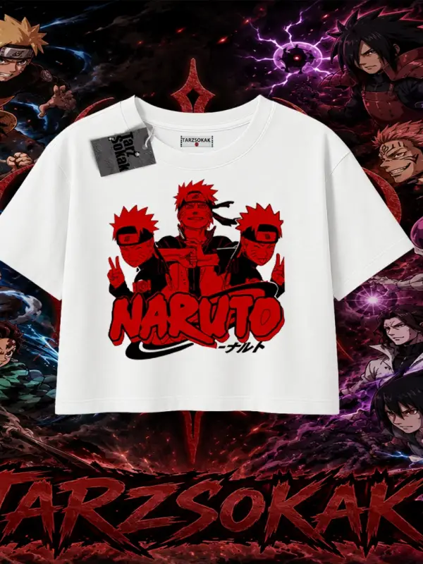 Naruto Uzumaki Premium Anime Kadın Crop Tişört Beyaz