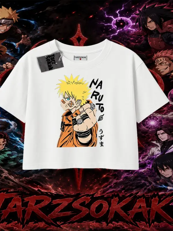 Naruto Uzumaki Premium Anime Kadın Crop Tişört Beyaz