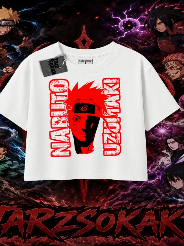Naruto Uzumaki Premium Anime Kadın Crop Tişört Beyaz