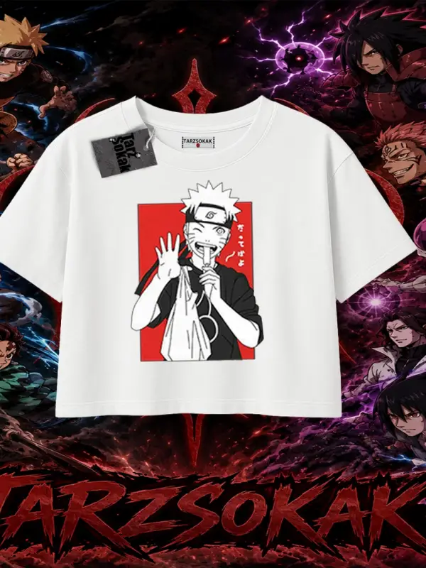 Naruto Uzumaki Premium Anime Kadın Crop Tişört Beyaz