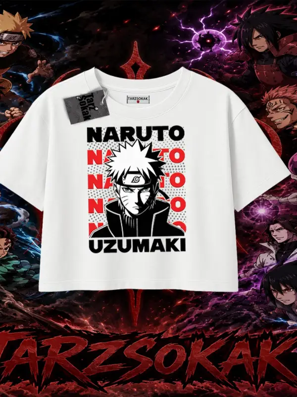 Naruto Uzumaki Premium Anime Kadın Crop Tişört Beyaz