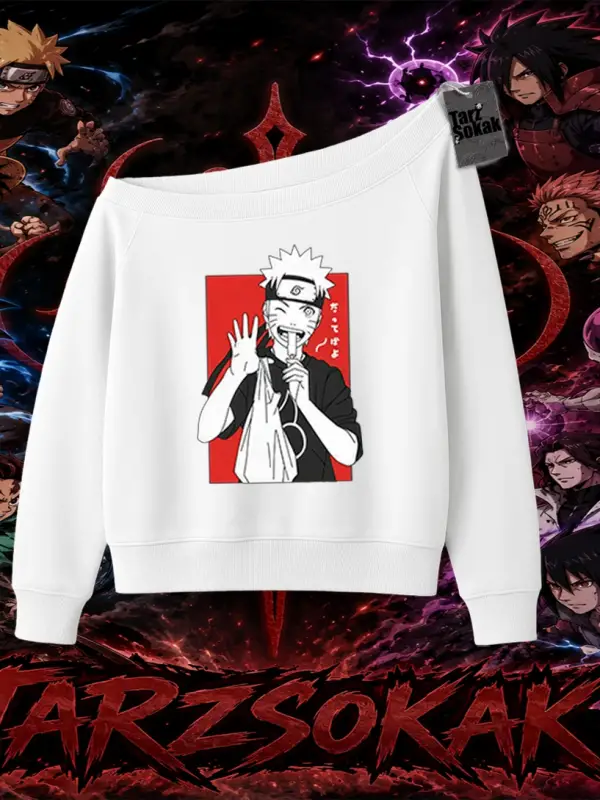 Naruto Uzumaki Premium Anime Kadın Kayık Yaka Sweatshirt Beyaz
