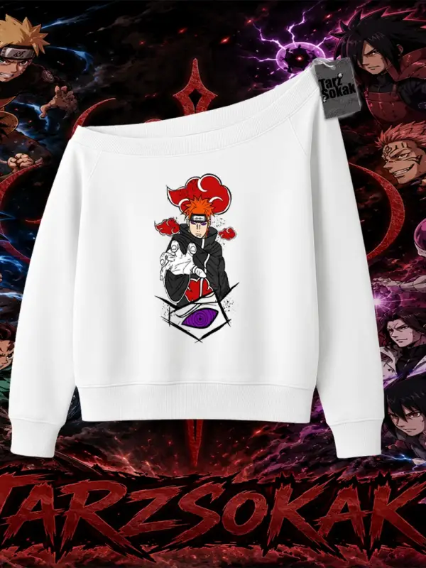 Naruto Uzumaki Premium Anime Kadın Kayık Yaka Sweatshirt Beyaz