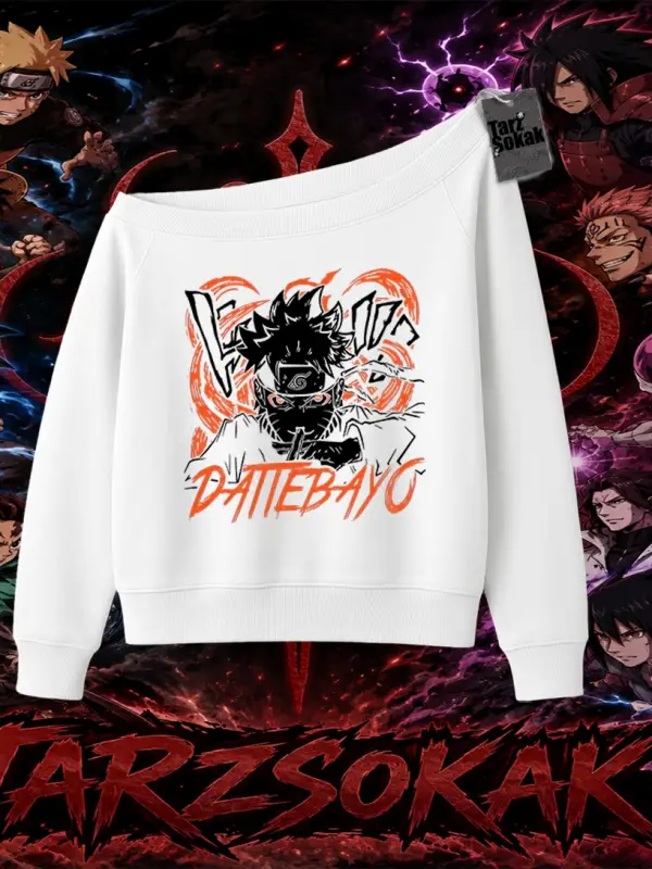 Naruto Uzumaki Premium Anime Kadın Kayık Yaka Sweatshirt Beyaz