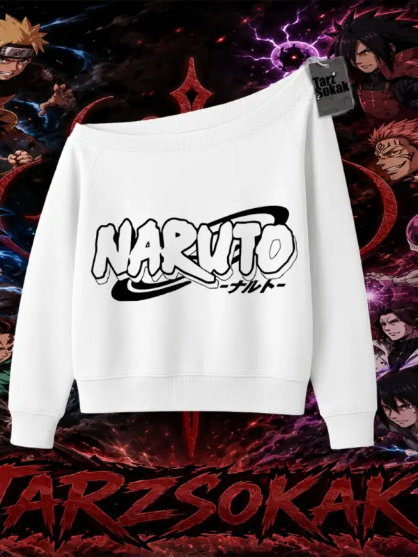 Naruto Uzumaki Premium Anime Kadın Kayık Yaka Sweatshirt Beyaz