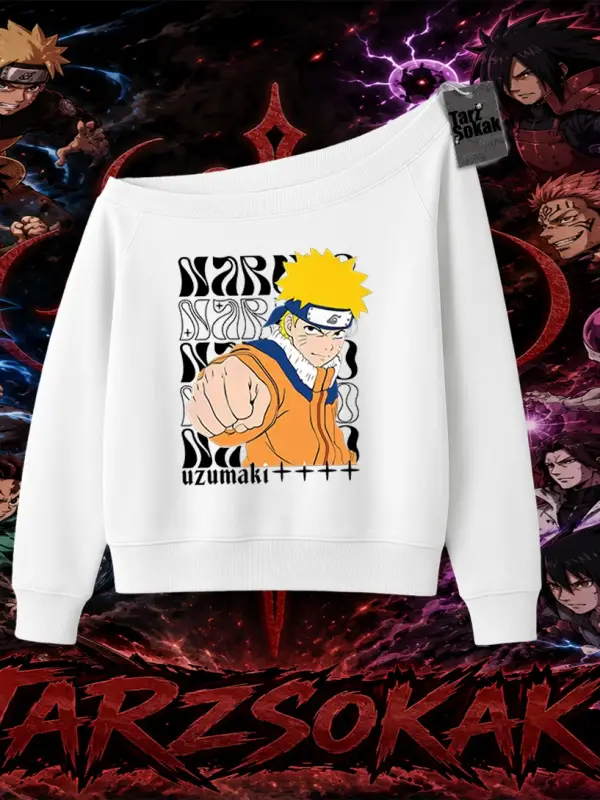 Naruto Uzumaki Premium Anime Kadın Kayık Yaka Sweatshirt Beyaz