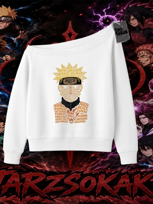Naruto Uzumaki Premium Anime Kadın Kayık Yaka Sweatshirt Beyaz