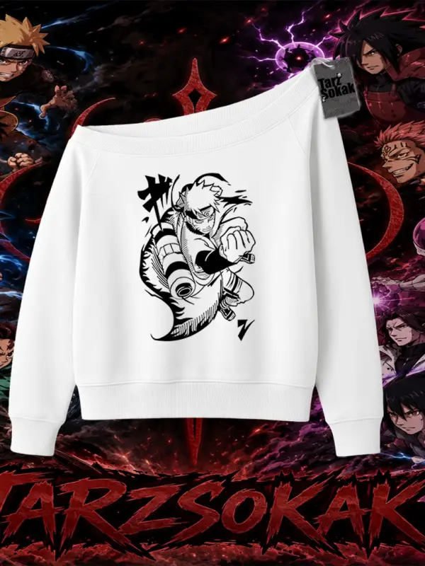 Naruto Uzumaki Premium Anime Kadın Kayık Yaka Sweatshirt Beyaz