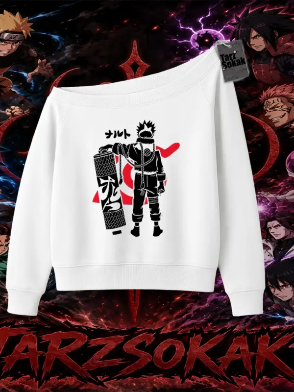 Naruto Uzumaki Premium Anime Kadın Kayık Yaka Sweatshirt Beyaz