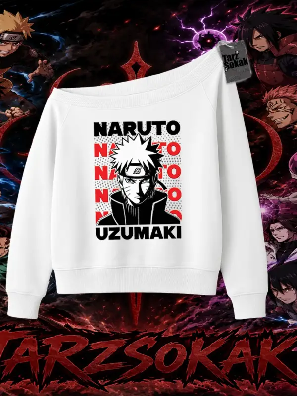 Naruto Uzumaki Premium Anime Kadın Kayık Yaka Sweatshirt Beyaz