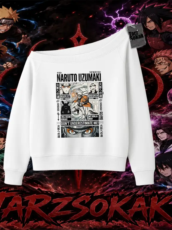 Naruto Uzumaki Premium Anime Kadın Kayık Yaka Sweatshirt Beyaz