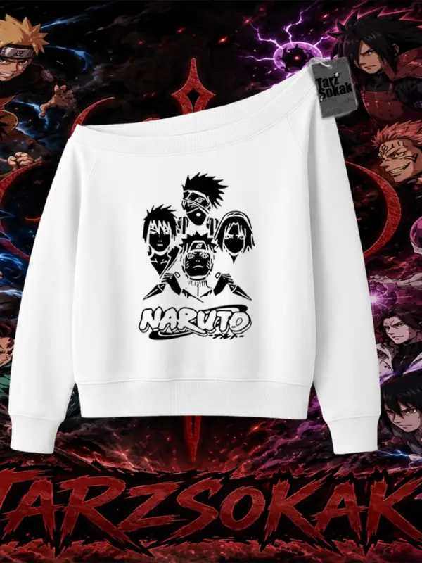 Naruto Uzumaki Premium Anime Kadın Kayık Yaka Sweatshirt Beyaz