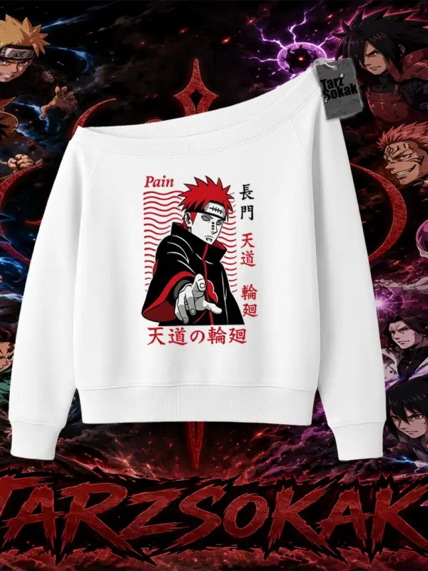 Naruto Uzumaki Premium Anime Kadın Kayık Yaka Sweatshirt Beyaz
