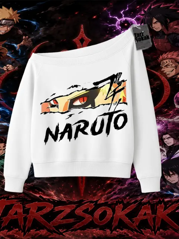 Naruto Uzumaki Premium Anime Kadın Kayık Yaka Sweatshirt Beyaz