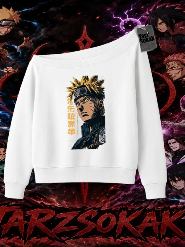 Naruto Uzumaki Premium Anime Kadın Kayık Yaka Sweatshirt Beyaz