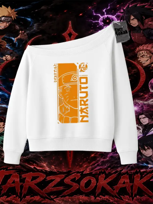 Naruto Uzumaki Premium Anime Kadın Kayık Yaka Sweatshirt Beyaz
