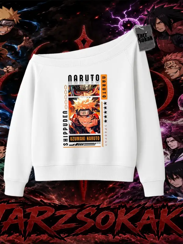 Naruto Uzumaki Premium Anime Kadın Kayık Yaka Sweatshirt Beyaz