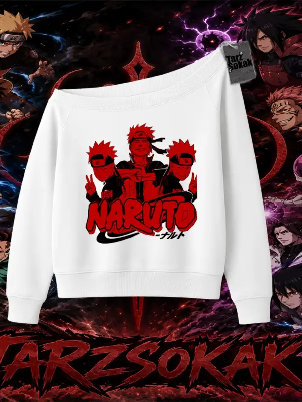 Naruto Uzumaki Premium Anime Kadın Kayık Yaka Sweatshirt Beyaz